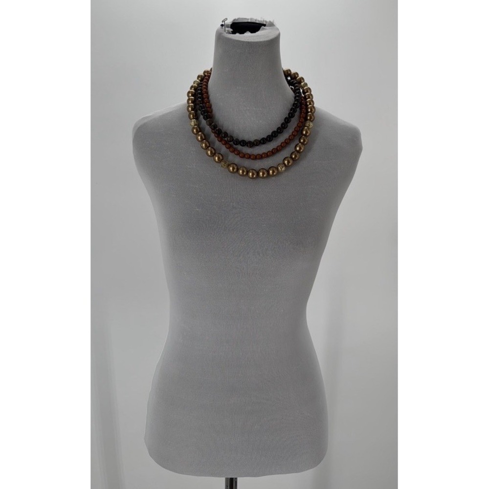 Multi‎ Strand Beaded Necklace Brown Gold Bronze Tone Earthy Statement - Picture 2 of 5